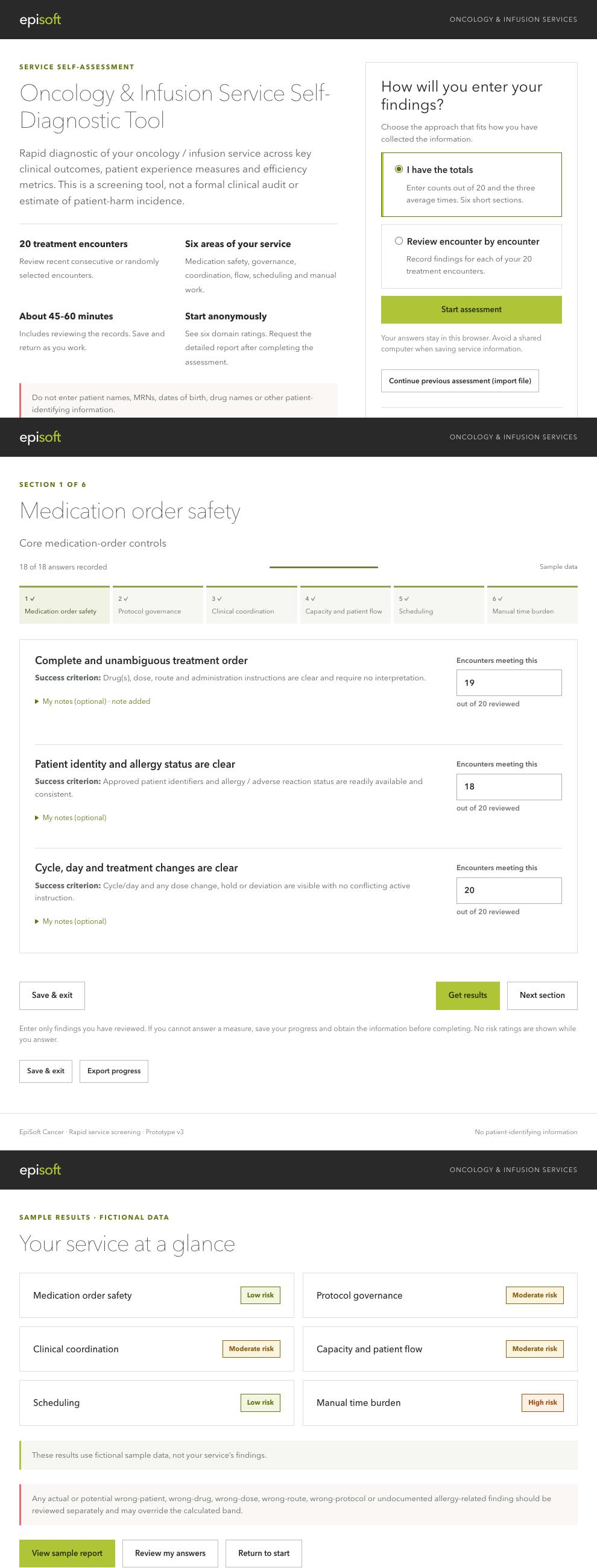 The EpiSoft self-review in use, with sample data: the start page, a section of answers, then the results